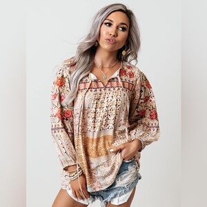 Savanna Jane Patchwork Floral Embroidered Top Sz S